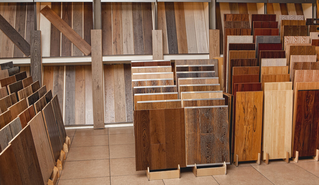 Sample parquet boards in hardware store, in home improvement warehouse exterior